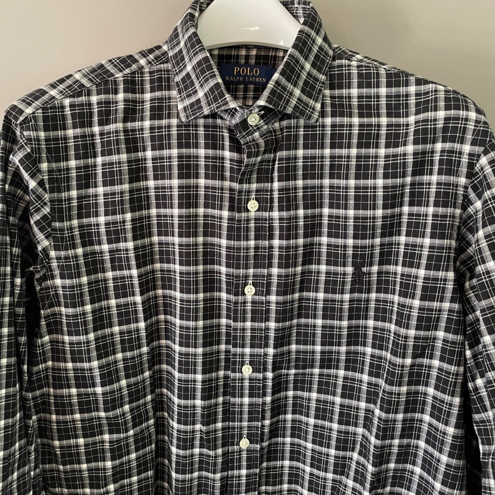 Polo Ralph Lauren Mens Black White Plaid Long Sleeve Button Down Shirt Size L
